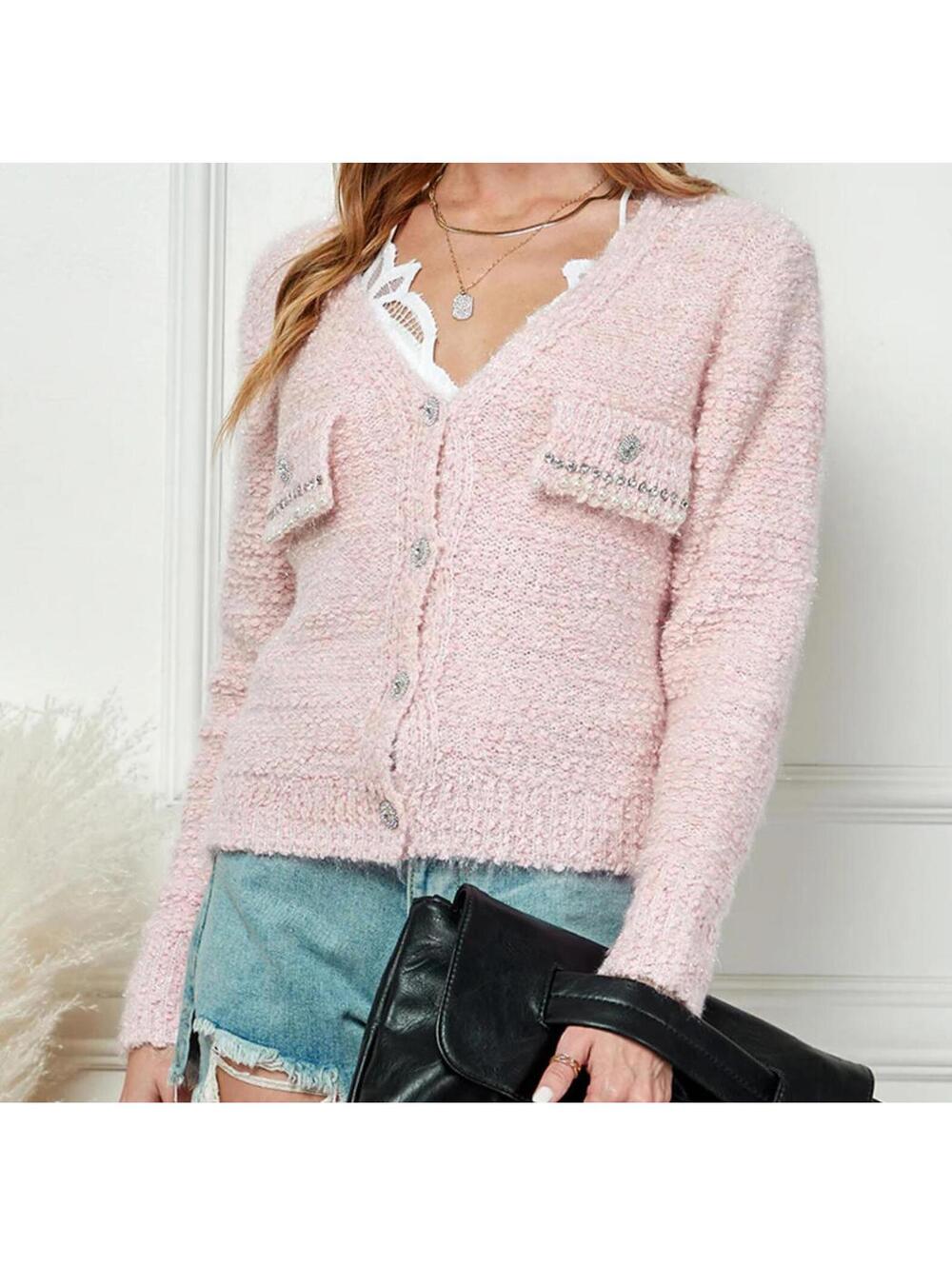 Cezele Women's Pink Cardigan Shimmer Sweater - Pearl and Rhinestones Size S/M